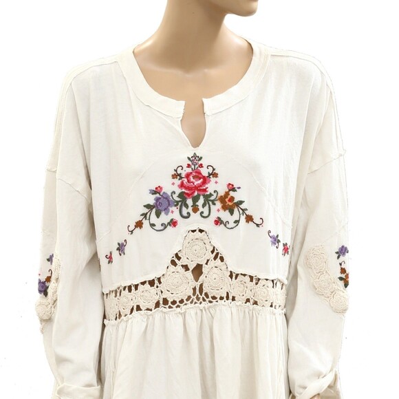 Free People Kennedy Tunic Top Floral Embroidered Ivory Crochet Cotton L 284268 - Picture 2 of 4